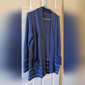 Isaac Mizrahi Live! Size medium blue cardigan sweater w/ fringe detailed pockets